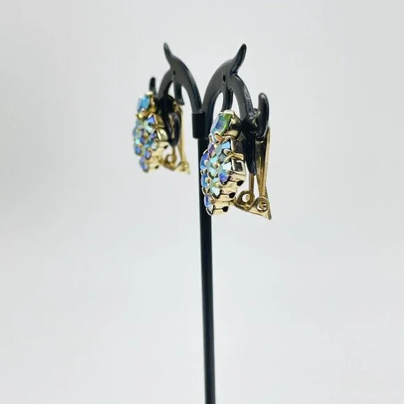 Vintage Square Aurora Borealis Earrings Gold Tone Clip On Glam Bling Sparkle - Picture 9 of 9